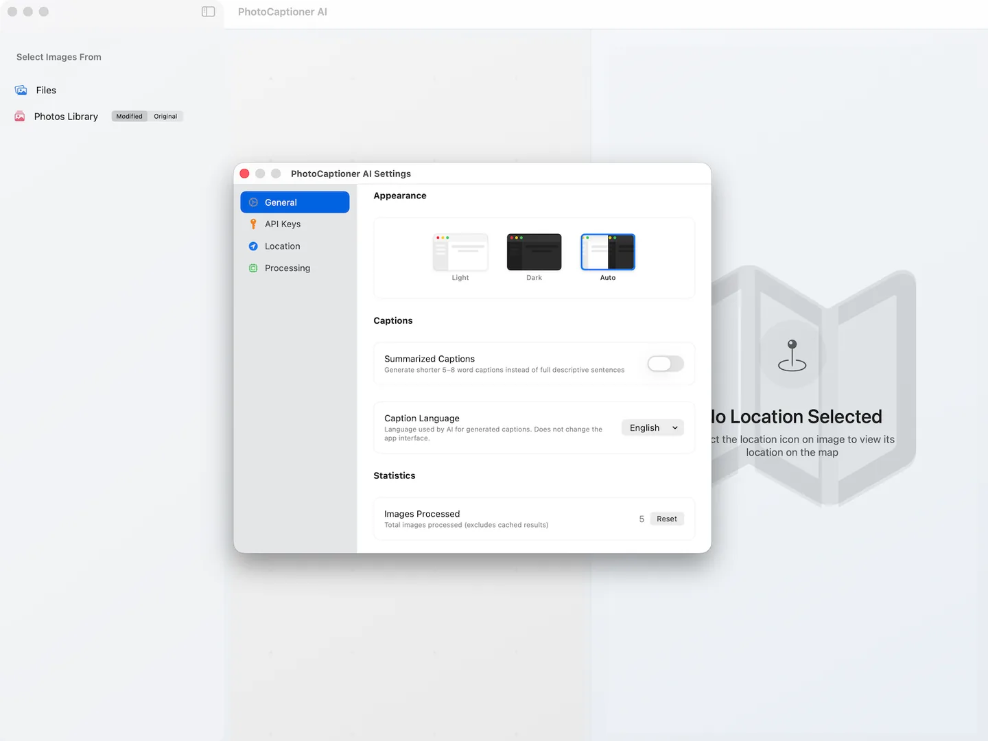Settings window — General, API Keys, Location, and Processing tabs