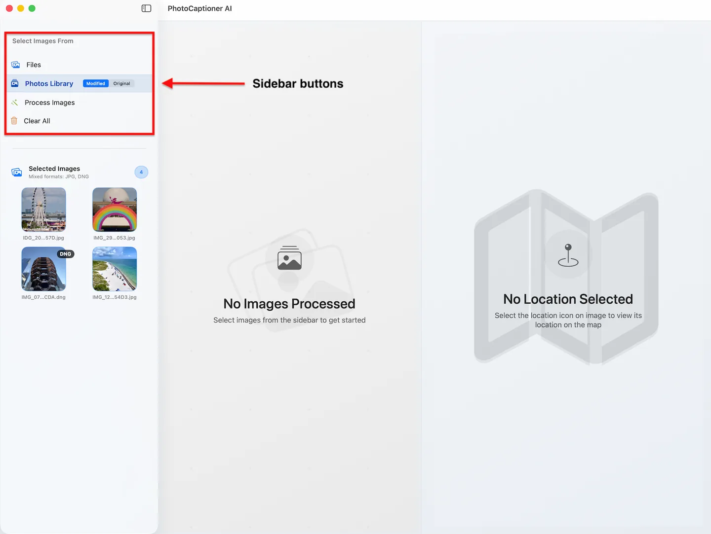 Sidebar buttons — Files, Photos Library, Process Images, Clear All