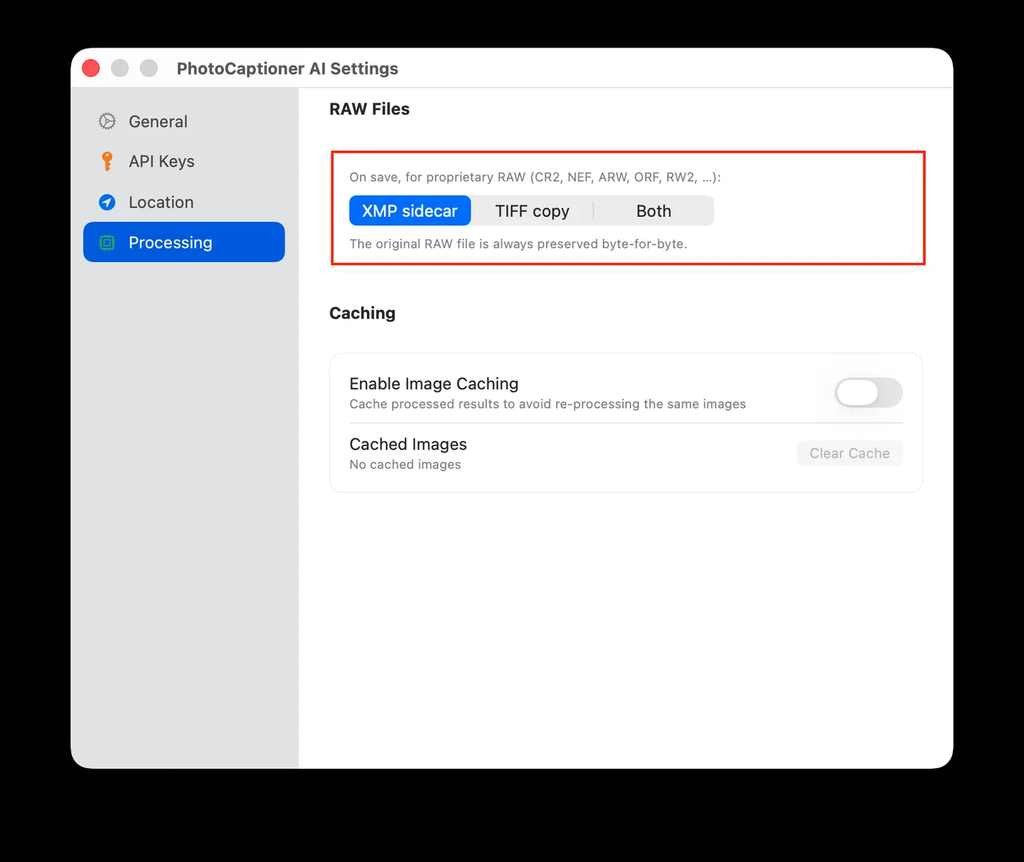 PhotoCaptioner AI Settings, Processing tab, with XMP sidecar selected under RAW Files
