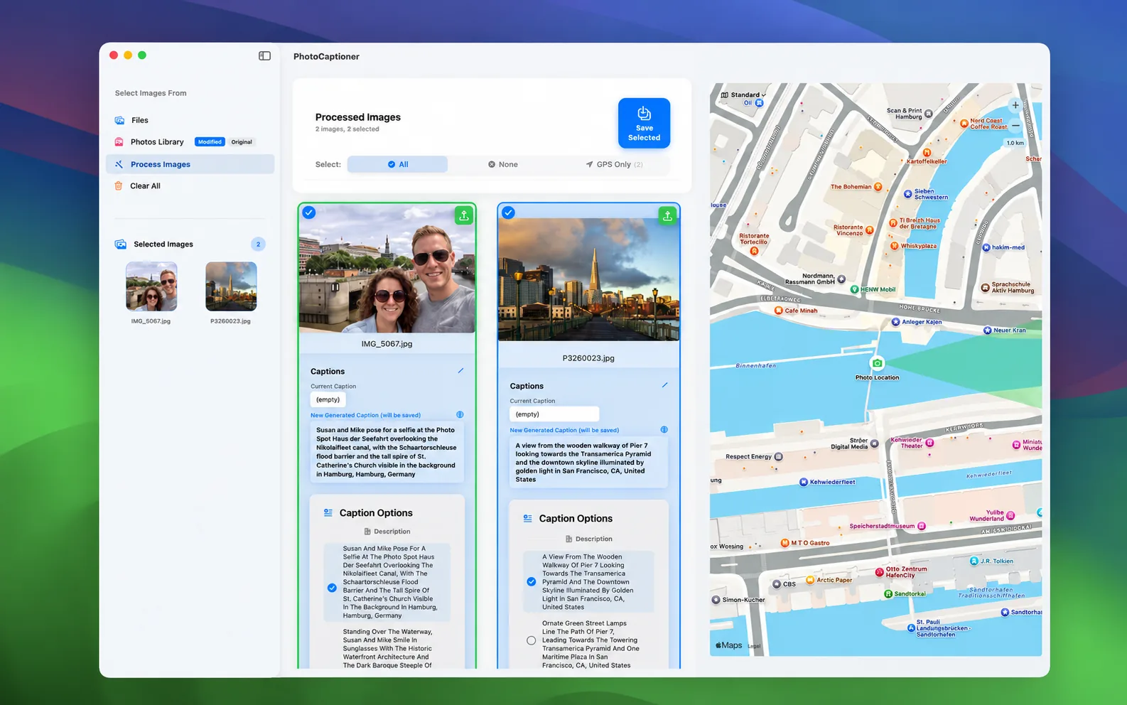 PhotoCaptioner AI on macOS, showing generated captions and a map of photo locations